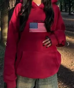 赤 フード付きトレーナー アメリカ国旗刺繍