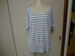 新品。麻100のトップス、ボーダー、ニットソー、ブルーグレーＬＬサイズ、リネン