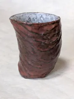 作家　村岡修至作　柿釉　波紋　変形　湯呑