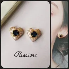 【一点物】オニキスブラック アンティーク風ゴールドハートピアス/イヤリング
