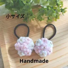 ハンドメイド 小花モチーフのヘアゴム （ピンク×ホワイト）２個セット