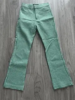 ZARA グリーンギンガムチェックフレアパンツ