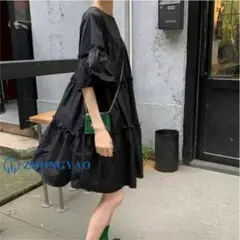 フリルスリーブフレアワンピース★チュニック/ティアードフリル/ボリューム袖L