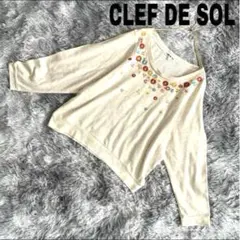 美品❗️【クレドソル】花刺繍ベージュニット レディース 長袖ニット L