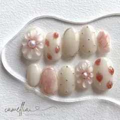 【ネイルチップ】いちごネイル ガーリーネイル ぷっくりフラワー ピンクネイル