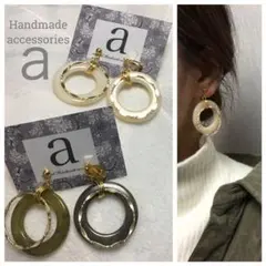 1153-2 ベージュ☺︎大理石風とゴールドの2連フープピアス☺︎