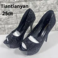 【新品】Tiantianyan グリッターオープントゥハイヒール ブラック25㎝