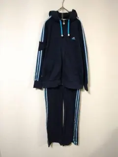 希少　フード付きジャージ　上下セット　レディースL　ネイビー　水色系ライン・ロゴ