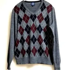 [JPRESS]アーガイル柄 グレー セーター Vネック ウール混　Mサイズ