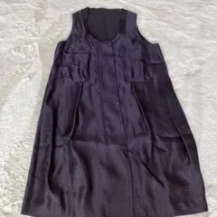 未使用 ジレ、ベスト胸ポケット前ボタン紺ダークパープル 麻　L