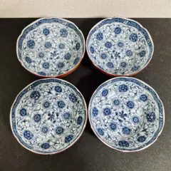 ⭐️工芸品⭐️【４枚セット】藍染錦彩 赤絵 染付 鉢皿 銘々皿 盛皿