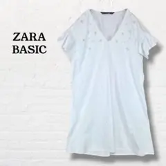 ZARA BASIC☆パールスタッズ付きチュニックワンピース フリル袖【XS】白のサムネイル