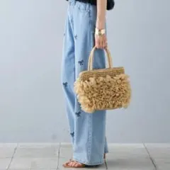 刺繍 リボン デニム ジーンズ ハイウエスト ストレート 美脚 Mサイズ ライト