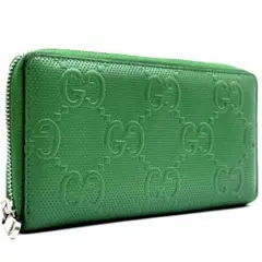 【美品】 グッチ GGエンボス型押しレザー 長財布 ラウンドファスナー グリーン