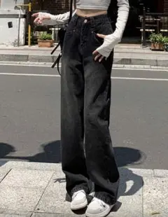 ポケット付き ストレートデニムパンツ レディース ロングドラッグトラウザー　M