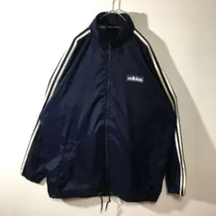 【個性派古着】アディダス　デザインブルゾン　ロゴ入り　ネイビー　3本ライン　M