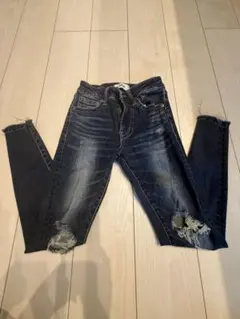 ダメージ加工スキニーデニム ダークブルー
