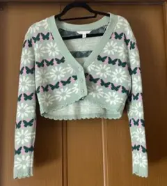 H&M ミントグリーン 蝶と花柄 クロップドカーディガン