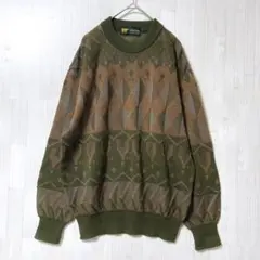 Golden Bear ヴィンテージマルチカラー長袖ニット レトロ風幾何学模様Mのサムネイル