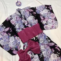紫と紺の花柄 浴衣・帯８点セット　.小柄な方サイズ140〜155㎝くらいの方