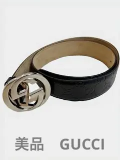 【美品】グッチ　GUCCI ダブルGロゴ ブラックレザーベルト　メンズ　シルバー