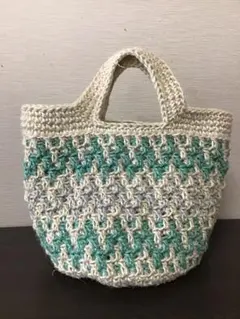 ハンドメイド モザイク編み麻紐かごバッグ 手編み トートバッグ