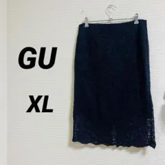【GU ジーユー】フラワーレースタイトスカート 大きめ XL 紺 上品 膝丈のサムネイル
