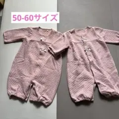 ピンク リボン付き長袖ドレスオール 50-60cm 2枚 双子 秋冬