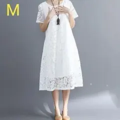 ワンピース　半袖　M　ホワイト　白　レース　Aライン　夏