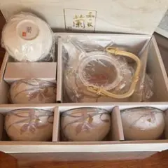 煎茶器セット 急須 湯呑み5客 箱付き 花柄 来客用 保管品