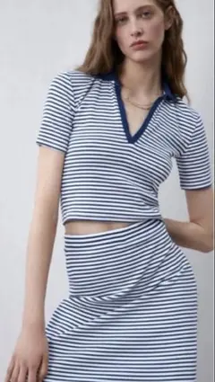 ⭐️SALE⭐️ ZARA ボーダー リブ 襟付き ポロシャツ　ロングスカート