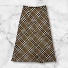 ロングスカート ウール混 チェック柄 Aライン 裏地あり ブラウン M 秋冬