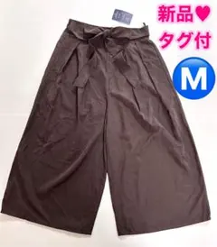 【新品タグ付】ウエストゴム リボン付 ダークブラウン ガウチョパンツ Mサイズ