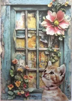 猫と花のビンテージ風絵画　ポストカード　イラスト*17