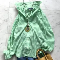 ポロラルフローレン 長袖シャツ ホースロゴ刺繍 ギンガムチェック グリーン系 綿