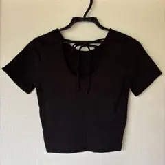GU リブ 半袖 背中開き リボン Tシャツ ブラック Sサイズ
