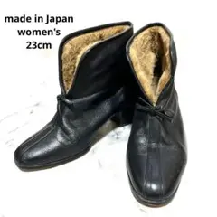 レディースレザー革ブーティ ブーツ黒ブラックヒール4cmボアファーリボン日本製