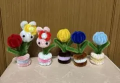 ハンドメイド モールフラワー 枯れない花 チューリップ4本 うさぎ2本 鉢5個