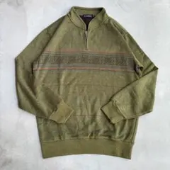 TOROY メンズ ニット セーター 幾何学模様 ハーフジップ オリーブカーキ