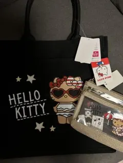 日焼けキティ　トートバッグ　黒　クリアポーチ