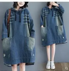 大きいサイズ レディース 秋冬　超ゆったり デニムワンピース 新品　パーカーsa
