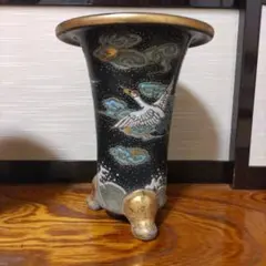 九谷焼 一泉 花瓶 花器 壺 金箔鶴連山 共箱 木札 フラワーベース 美術
