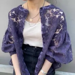 フラワーレース シアーブラウスレース素材 五分袖カーディガン