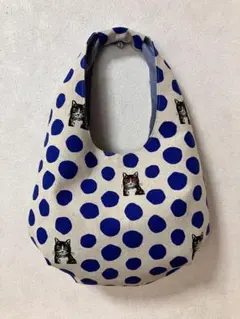 【ハンドメイド】水玉模様 メガネ猫プリント ラウンドトートバッグ② エチノ