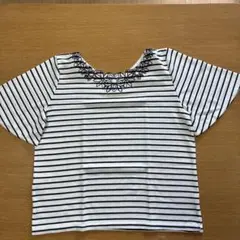 花柄刺繍 白黒ストライプ 半袖Tシャツ