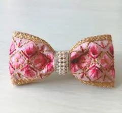 インド刺繍 とパール　リボンのヘアピン パッチン ベビーローズピンク