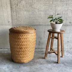 大きな竹籠 カゴ バスケット 大型 収納 保存 蓋付き 編み込み 工芸品 レトロ