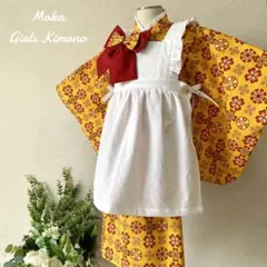 七五三 3歳 女の子 着物＆被布エプロンセット レトロ　イエロー系／ハンドメイド