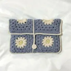 ハンドメイド　編み物　ブックカバー　ブックポーチ　マルチケース　グラニースクエア