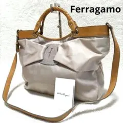フェラガモ ヴァラリボン ラインストーン 異素材 2way ハンドバッグ